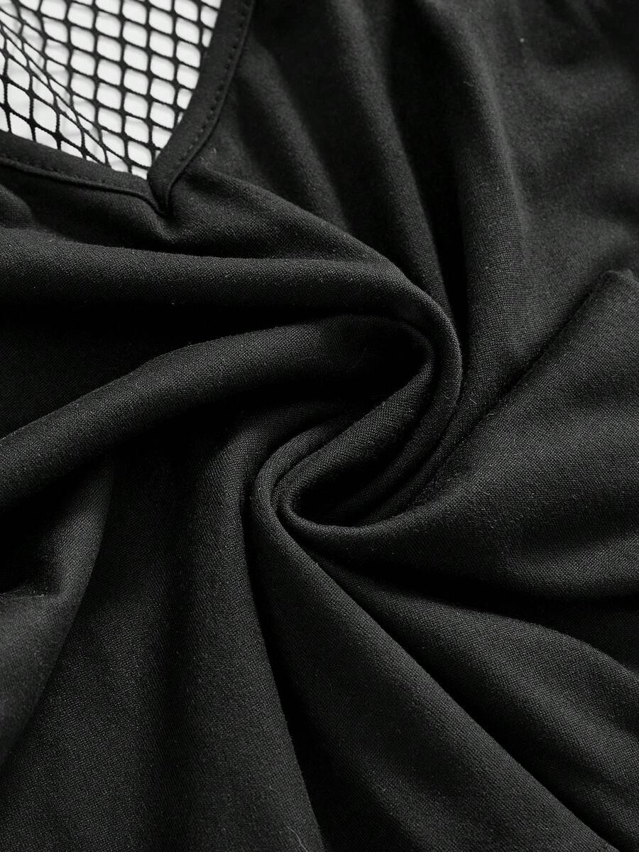 Black skeleton print mesh patchwork tank top featuring shoulder straps, slim fit knitted fabric, and contrast mesh detail.