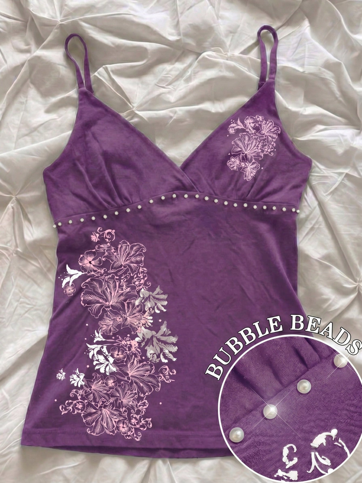 Women's slim fit spaghetti strap cami top featuring a tropical hibiscus floral graphic print.