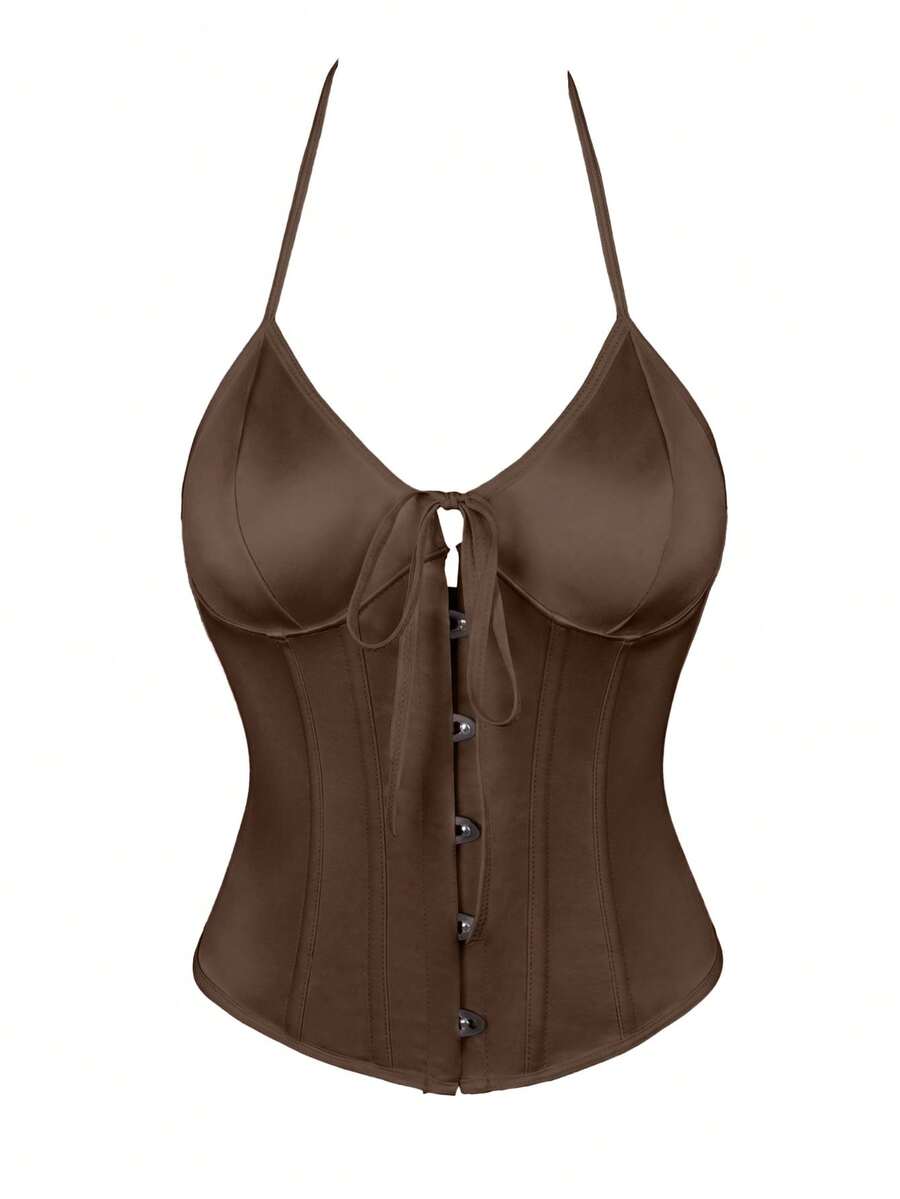 Black satin corset camisole crop top for women with halter neckline, front hook closure, back lace-up detail, and boned waist shaping.