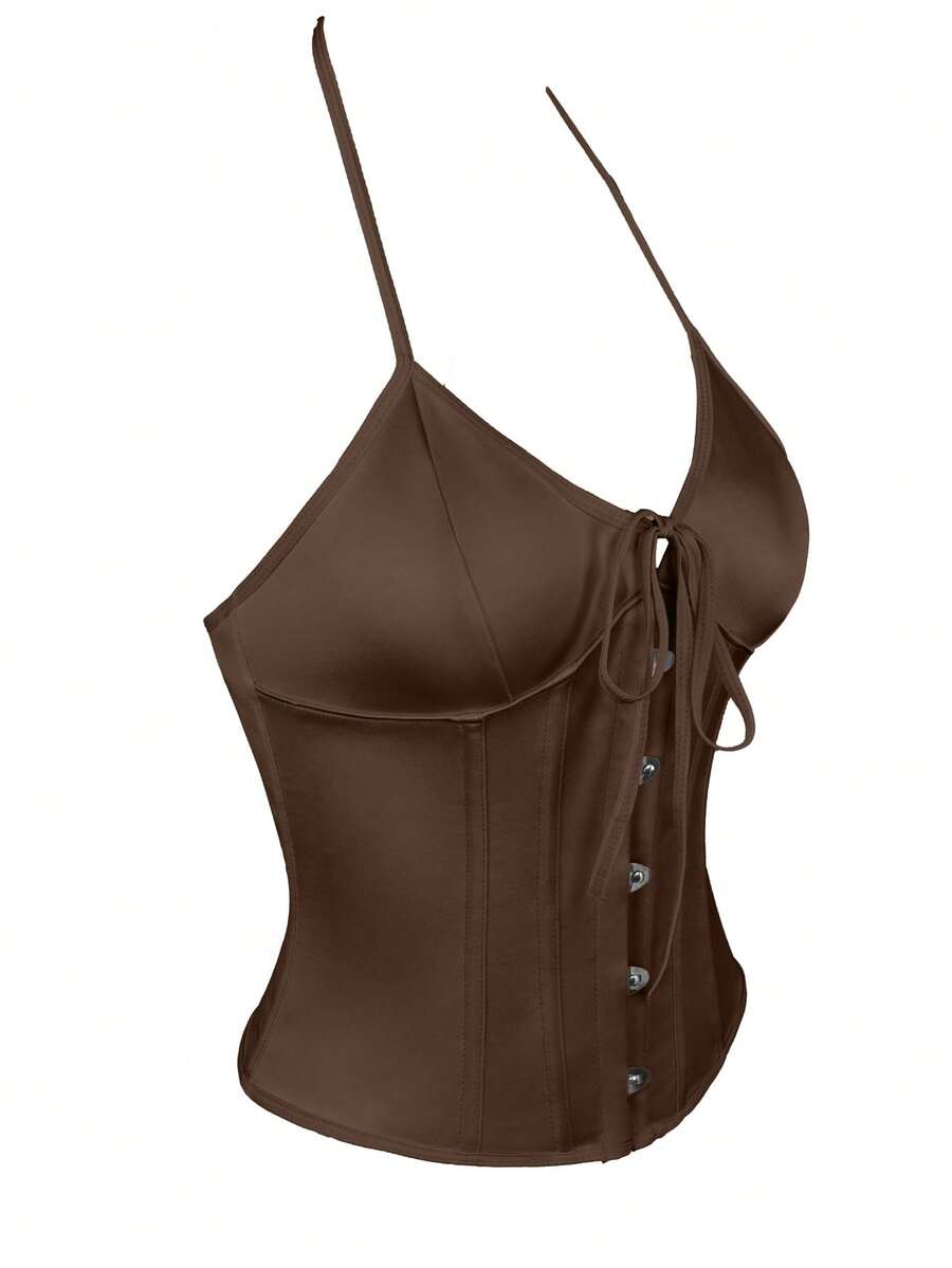 Black satin corset camisole crop top for women with halter neckline, front hook closure, back lace-up detail, and boned waist shaping.