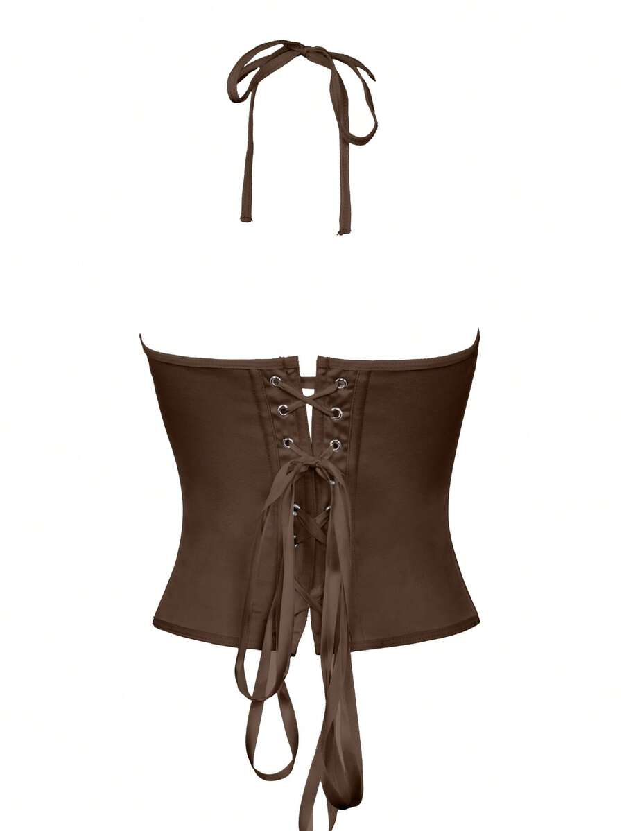 Black satin corset camisole crop top for women with halter neckline, front hook closure, back lace-up detail, and boned waist shaping.