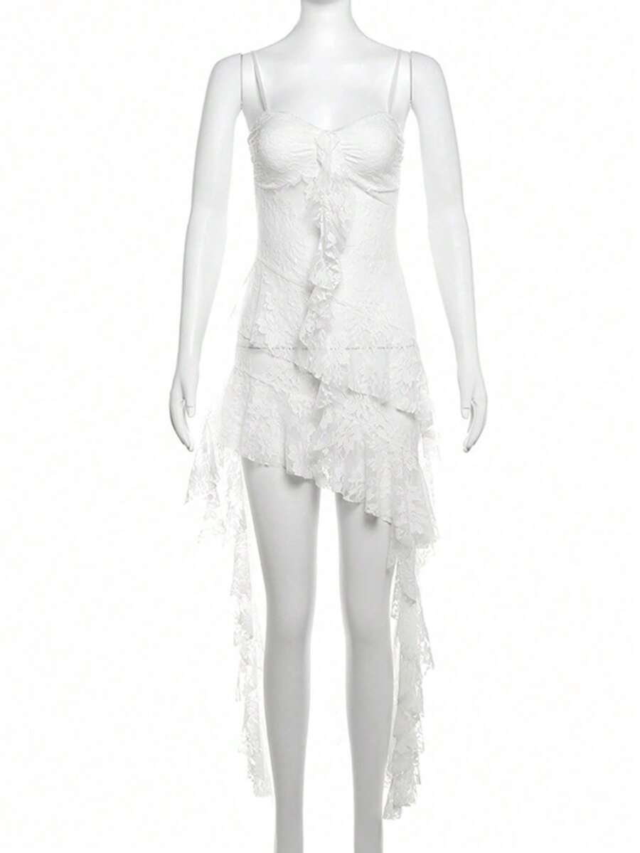 Black sleeveless camisole dress for women featuring contrast lace patchwork details, spaghetti straps, high waist slim fit, and a sheer asymmetrical hem.
