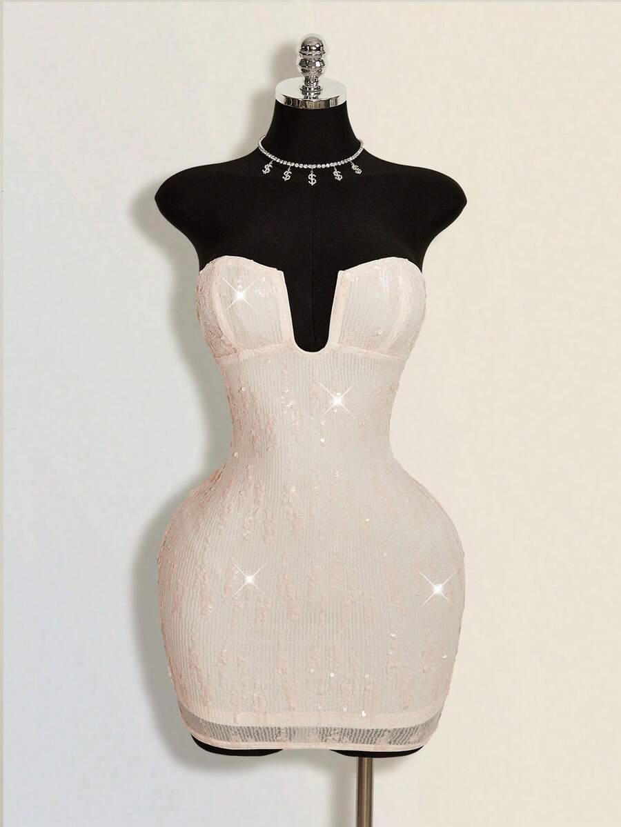 Women's apricot sequin strapless mini bodycon dress featuring cup detail and separate arm sleeves.