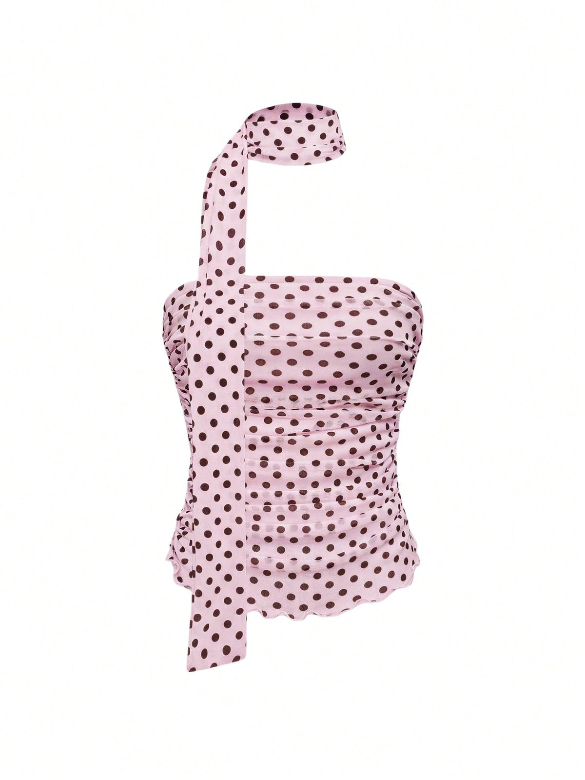 Women's black polka dot strapless tube top made of ruched mesh fabric featuring an asymmetrical hem and matching scarf.
