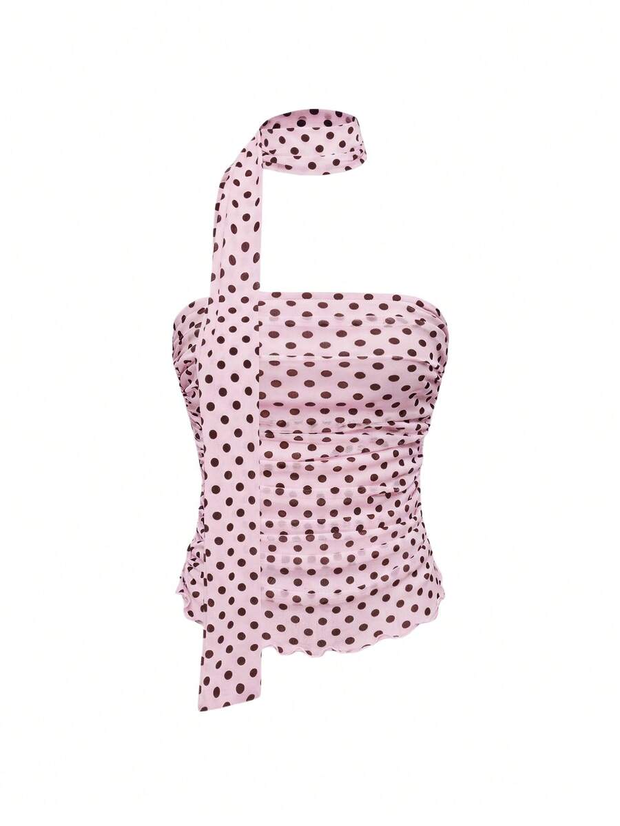 Women's black polka dot strapless tube top made of ruched mesh fabric featuring an asymmetrical hem and matching scarf.