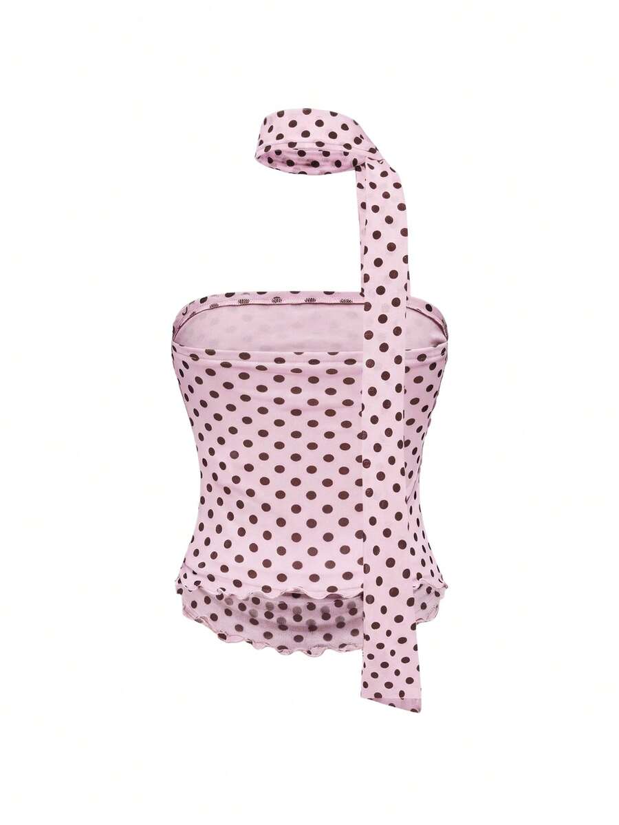 Women's black polka dot strapless tube top made of ruched mesh fabric featuring an asymmetrical hem and matching scarf.