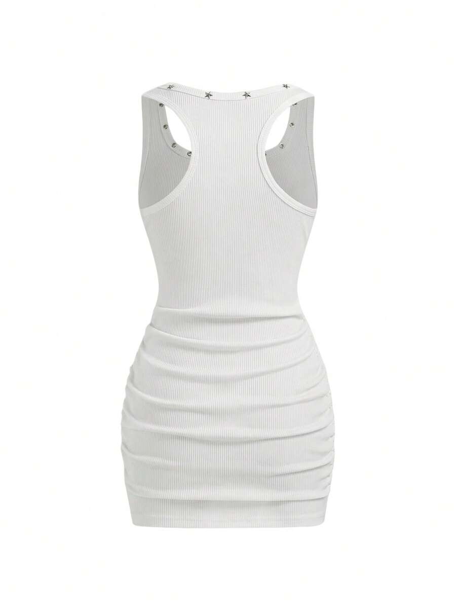 Army green short sleeve ruched bodycon mini dress for women featuring a scoop neckline and slim fit pencil hem.