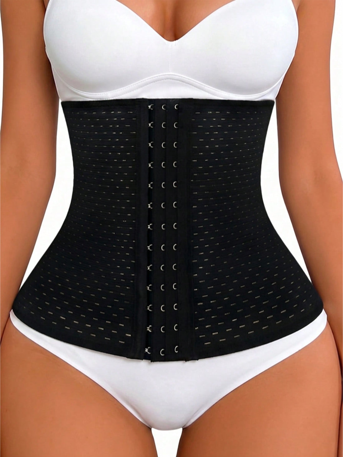 Black breathable women's waist shaping corset belt featuring 3 rows of hook closure and medium stretch knitted fabric.