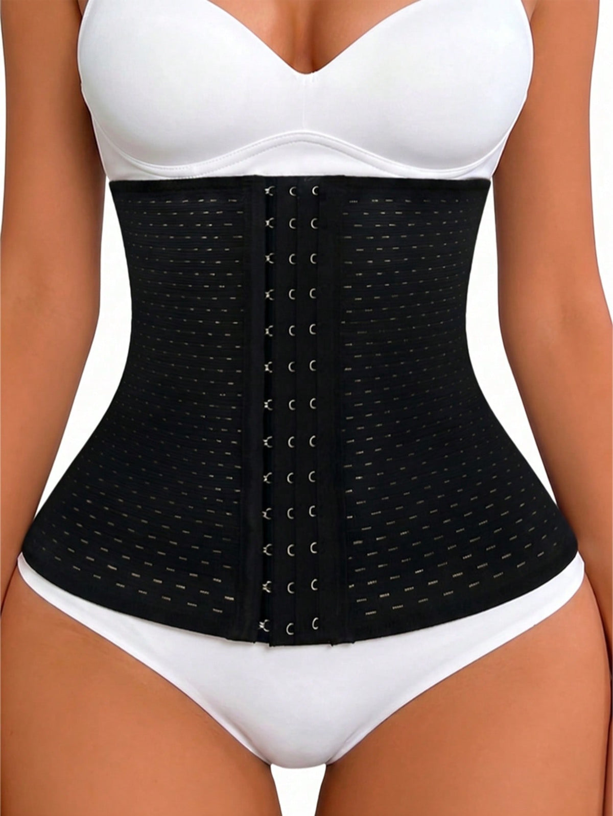 Black breathable women's waist shaping corset belt featuring 3 rows of hook closure and medium stretch knitted fabric.