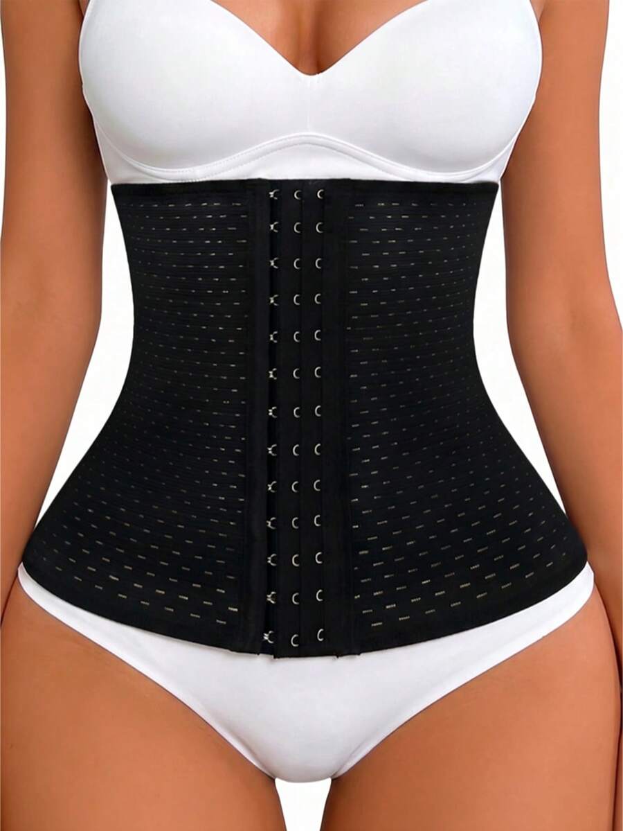 Black breathable women's waist shaping corset belt featuring 3 rows of hook closure and medium stretch knitted fabric.