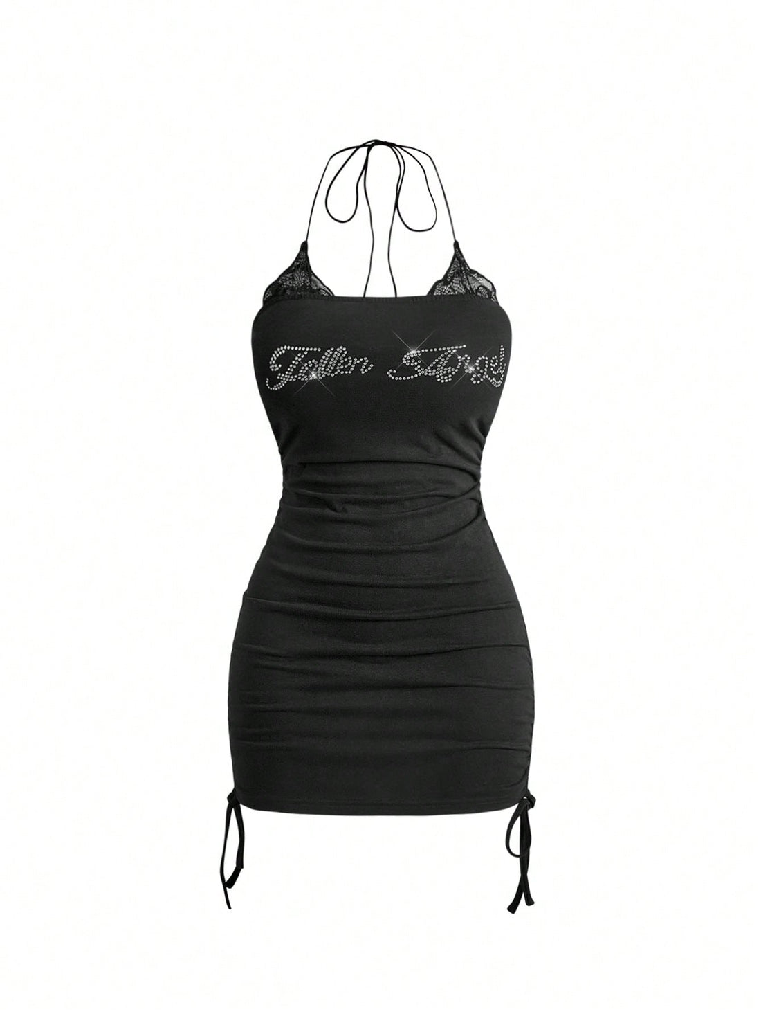 Black halter ruched mini dress for women featuring lace trim, rhinestone details, and matching separate arm sleeves.