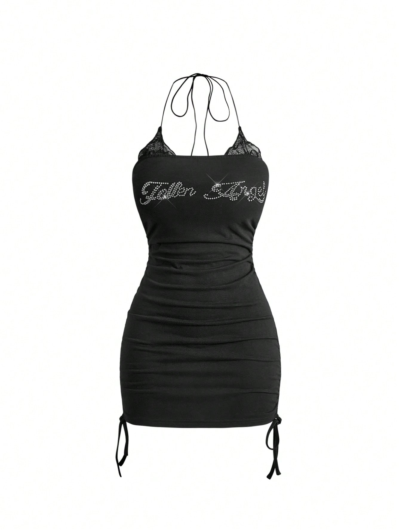 Black halter ruched mini dress for women featuring lace trim, rhinestone details, and matching separate arm sleeves.