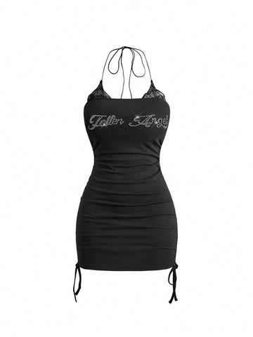 Black halter ruched mini dress for women featuring lace trim, rhinestone details, and matching separate arm sleeves.