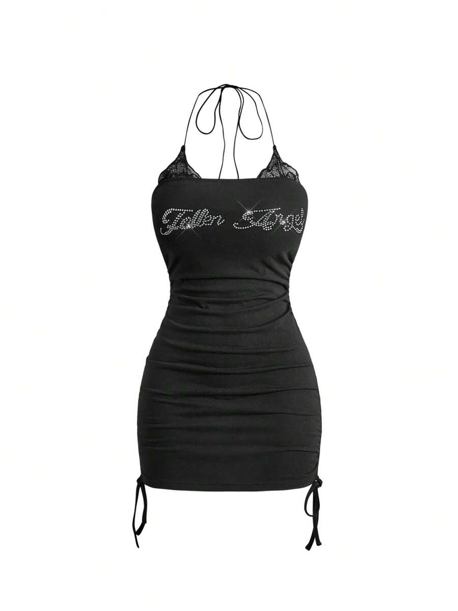 Black halter ruched mini dress for women featuring lace trim, rhinestone details, and matching separate arm sleeves.