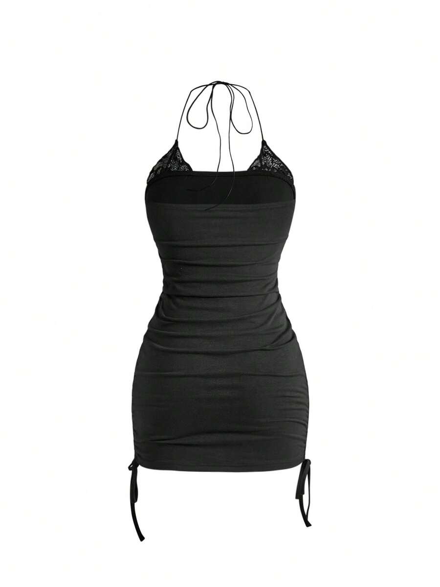 Black halter ruched mini dress for women featuring lace trim, rhinestone details, and matching separate arm sleeves.