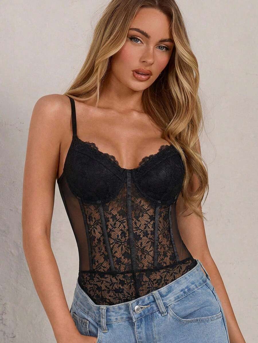Apricot lace patchwork bodysuit for women featuring contrast corset detailing and spaghetti straps.
