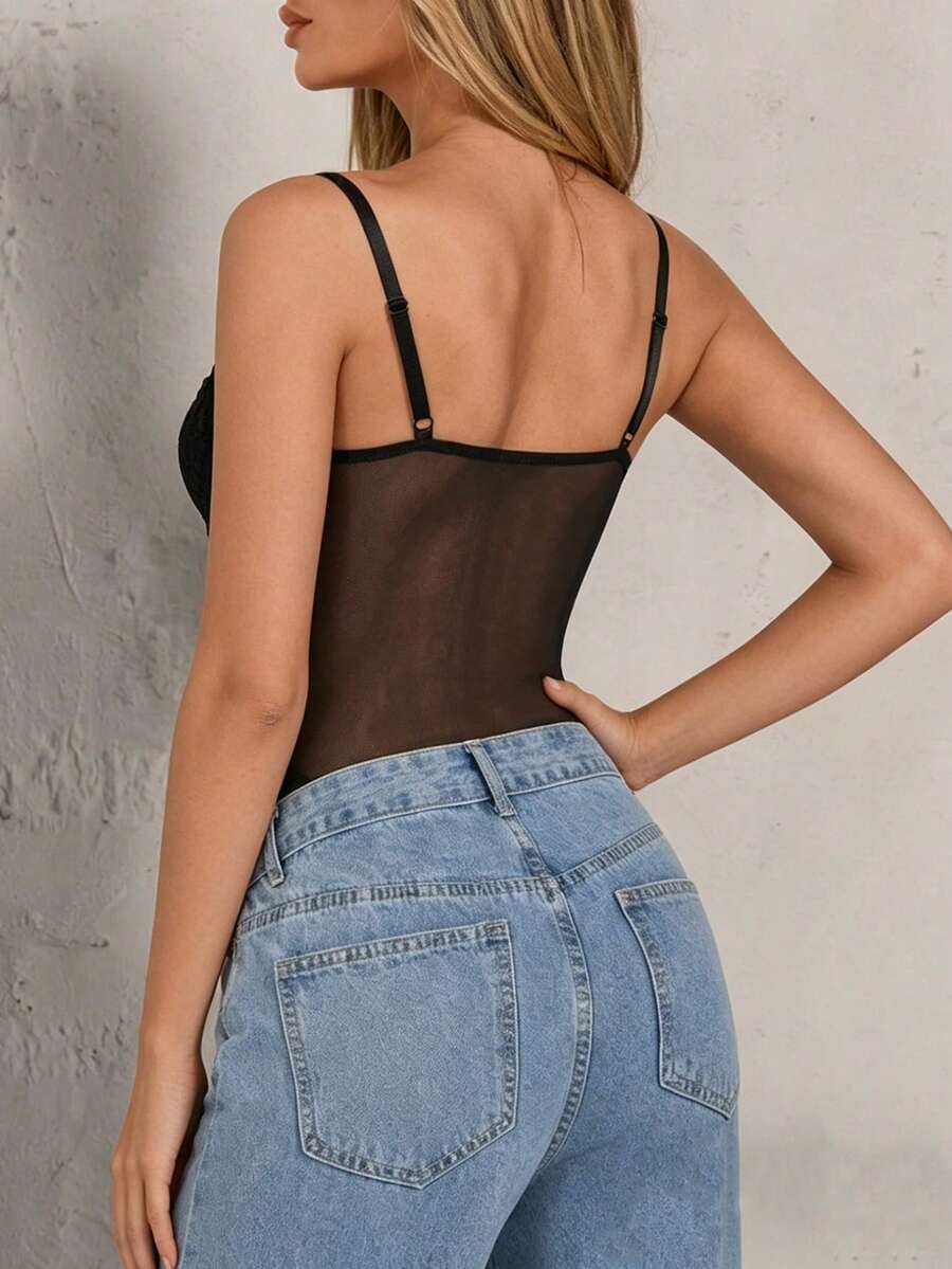 Apricot lace patchwork bodysuit for women featuring contrast corset detailing and spaghetti straps.
