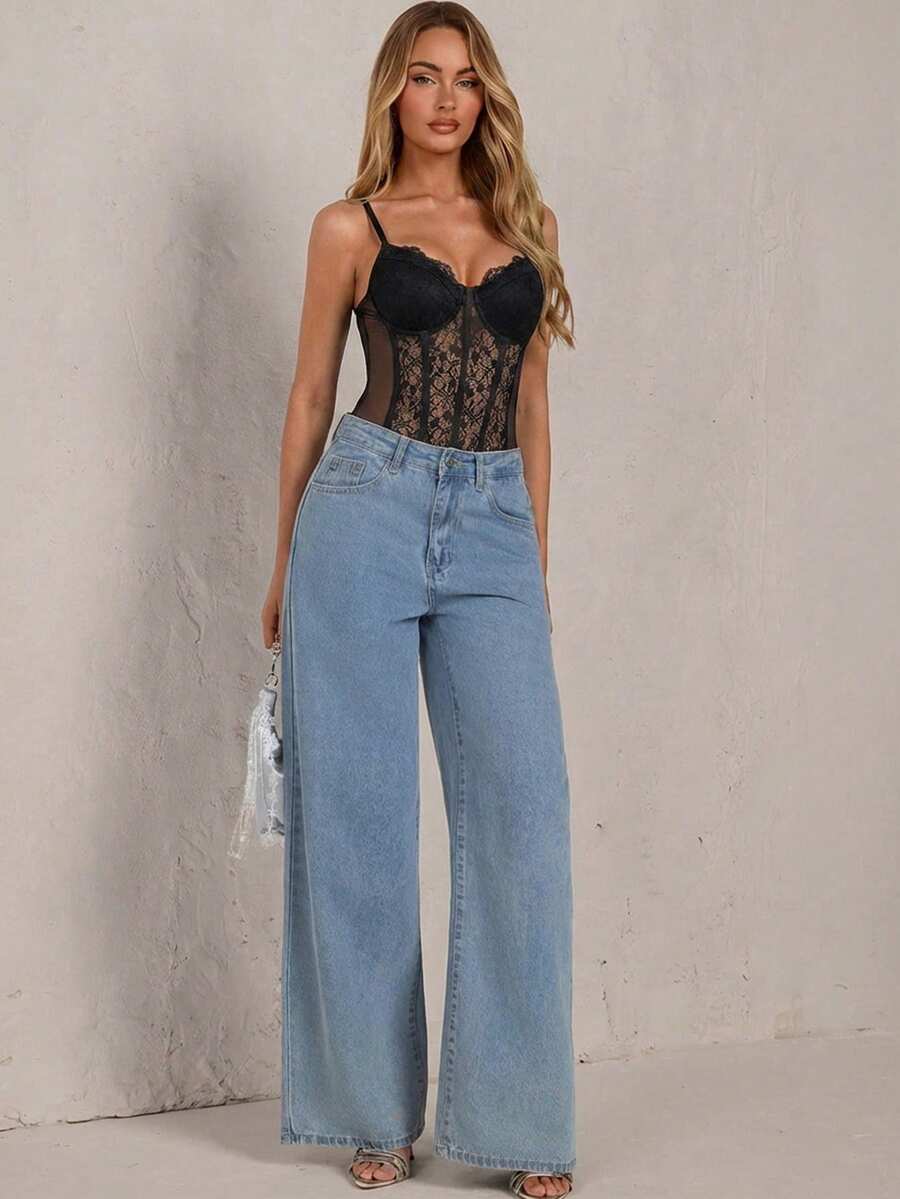 Apricot lace patchwork bodysuit for women featuring contrast corset detailing and spaghetti straps.