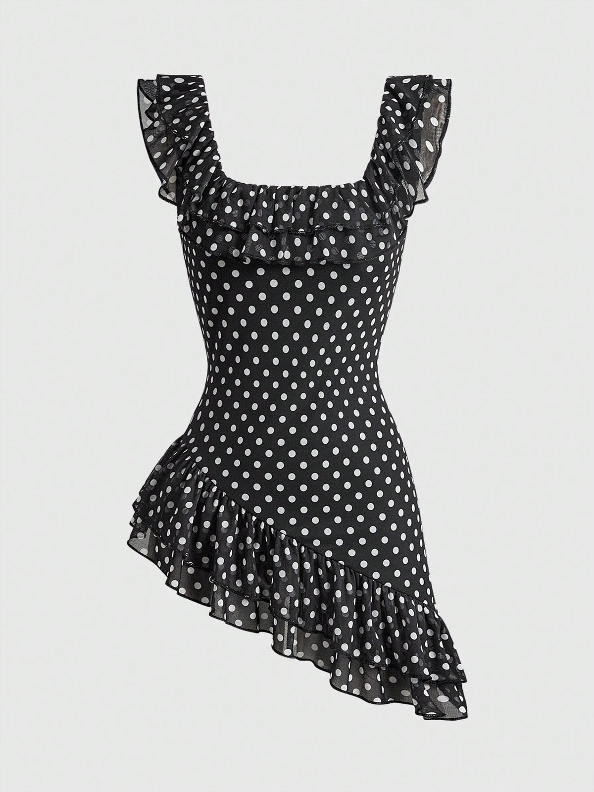 Women's black and white polka dot mesh camisole top with asymmetrical ruffle hem and square neckline.