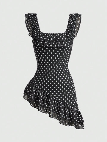 Women's black and white polka dot mesh camisole top with asymmetrical ruffle hem and square neckline.