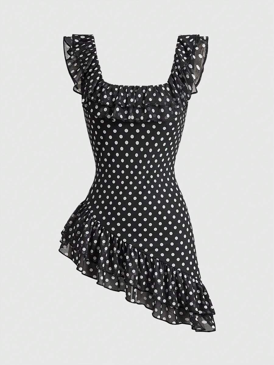 Women's black and white polka dot mesh camisole top with asymmetrical ruffle hem and square neckline.