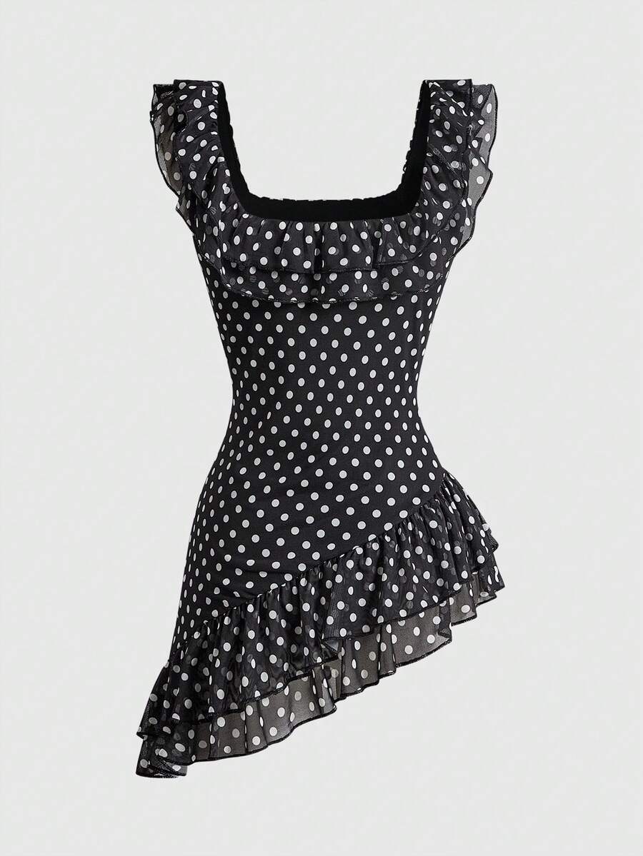 Women's black and white polka dot mesh camisole top with asymmetrical ruffle hem and square neckline.