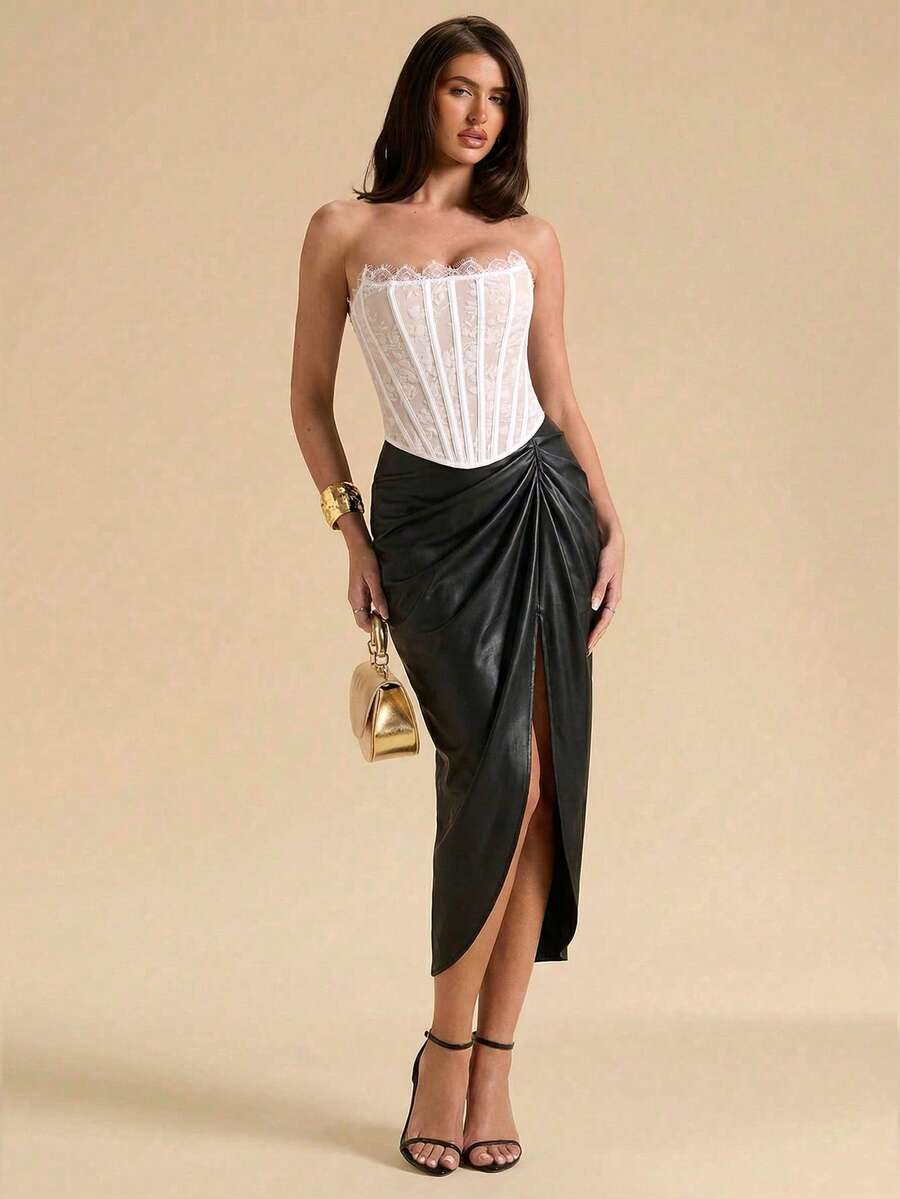 Women's strapless bustier crop top with contrast lace, lace-up detail, and an asymmetric hem in a slim-fit satin finish.