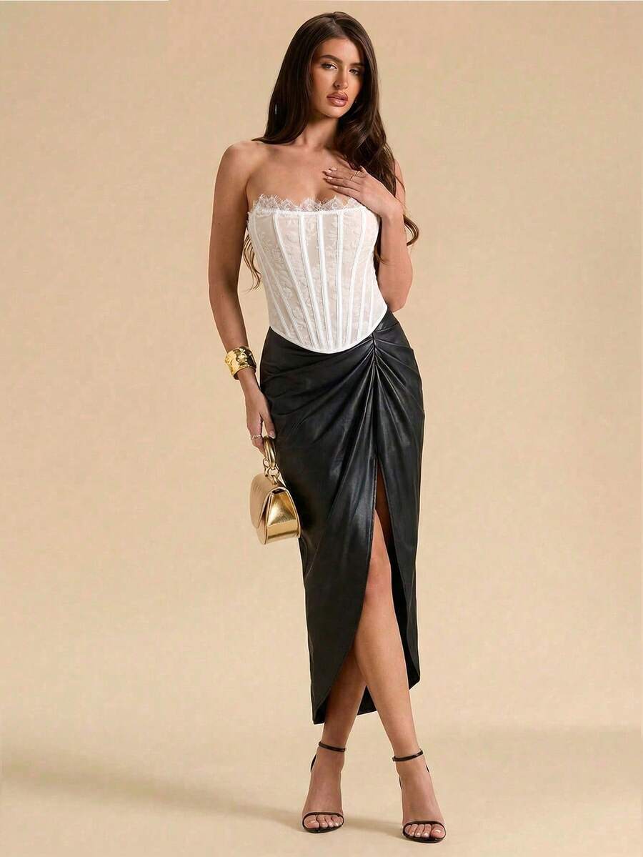 Women's strapless bustier crop top with contrast lace, lace-up detail, and an asymmetric hem in a slim-fit satin finish.