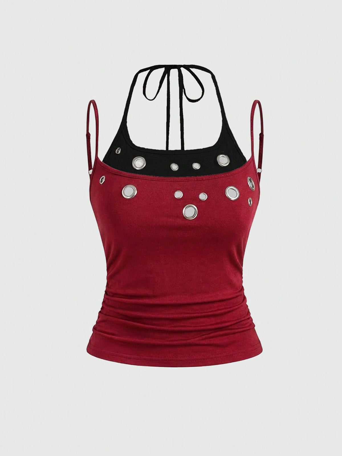 Black halter crop tank top for women featuring lace up front details, ruched accents, and appliques in a slim fit knitted fabric.