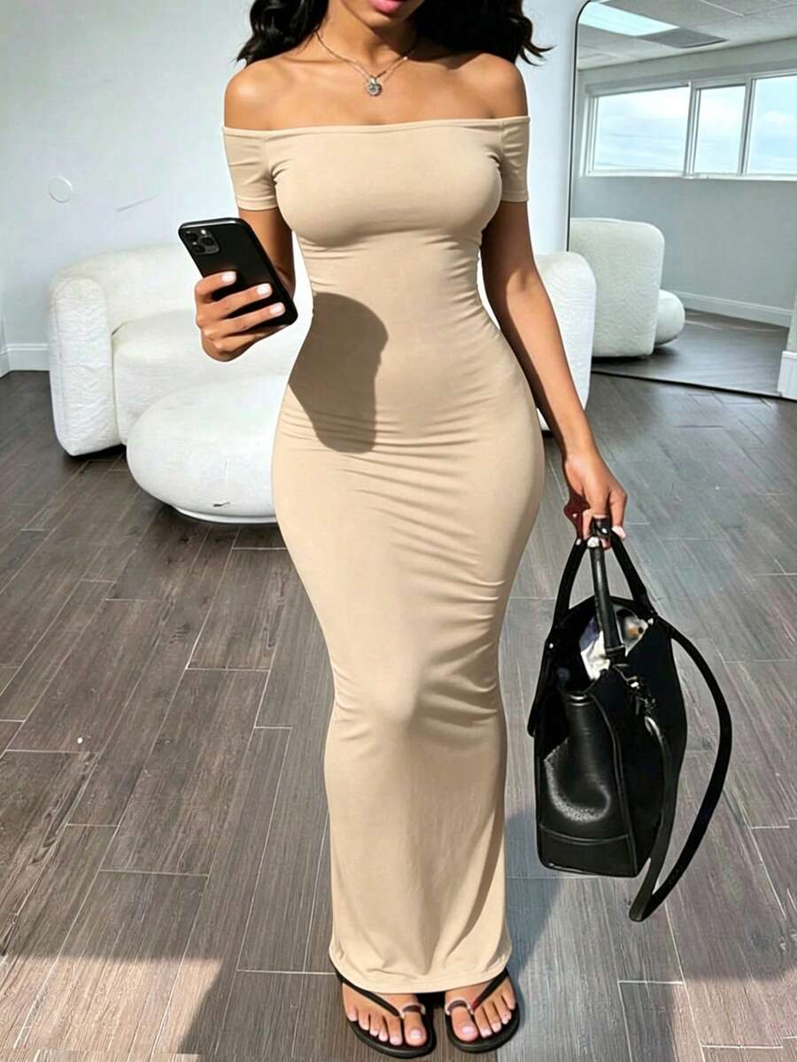 Solva beige off-shoulder long bodycon dress for women featuring ruched asymmetrical split design and cap sleeves.