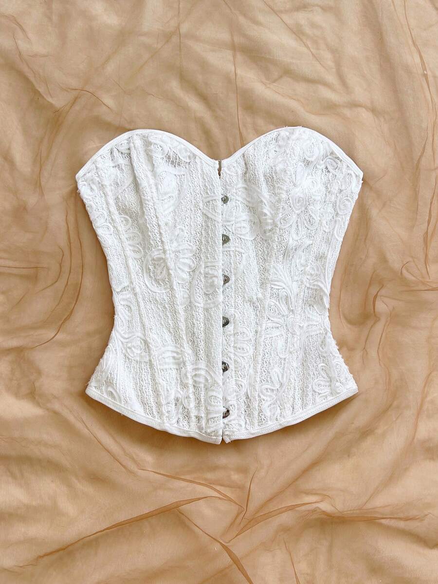 Women's apricot retro floral print bandeau crop top featuring a strapless asymmetrical neckline, lace-up back tie detail, and ruched slim fit woven fabric.