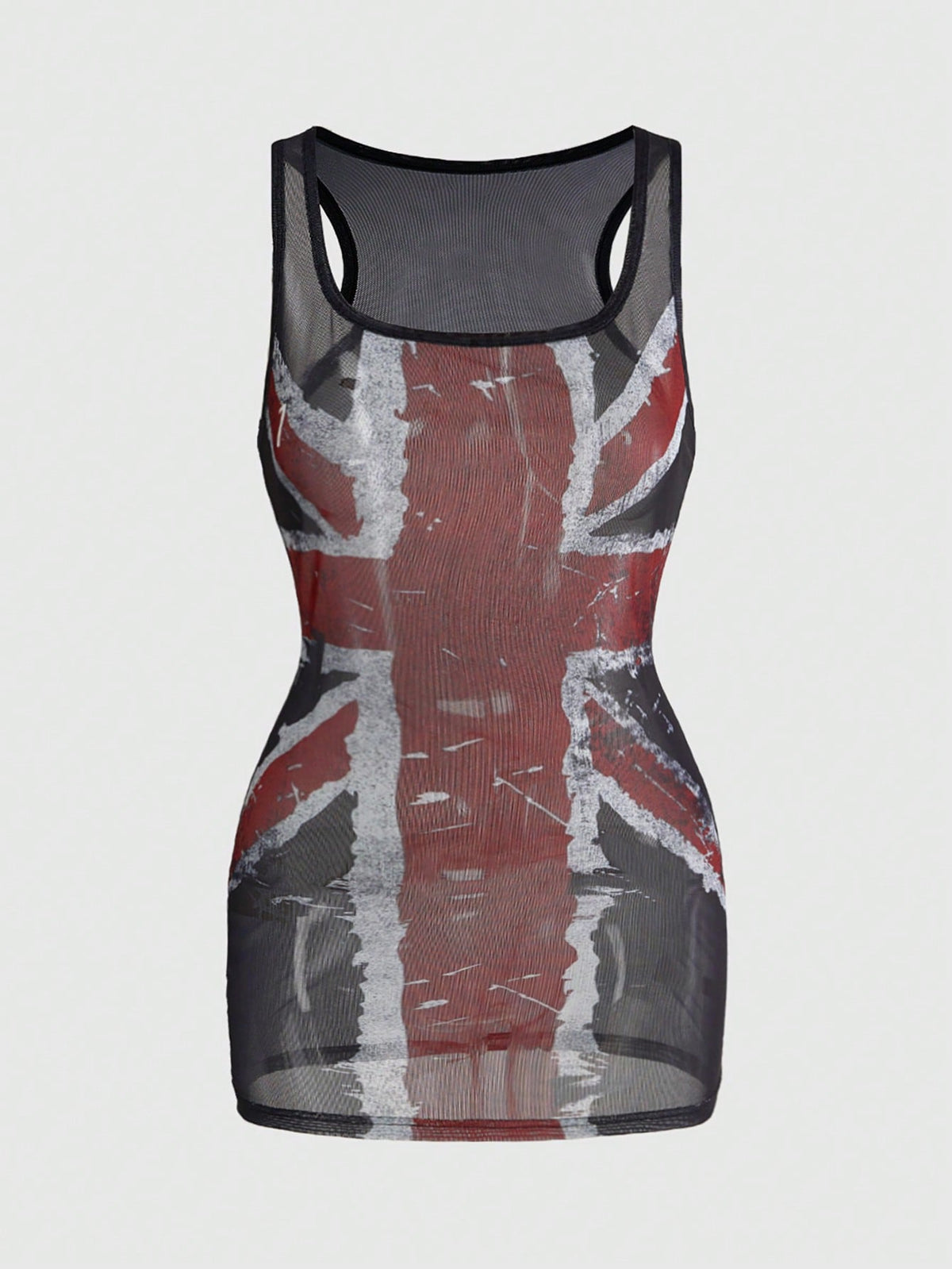 Black sheer mesh bodycon mini dress for women featuring a sleeveless scoop neck design and slim fit cut.