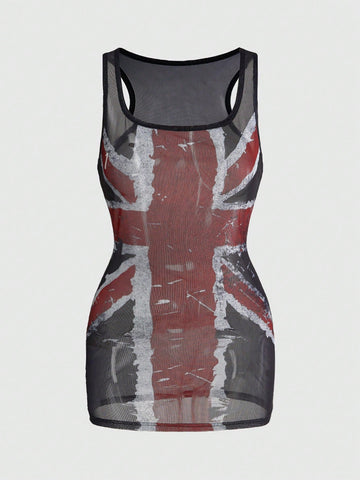 Black sheer mesh bodycon mini dress for women featuring a sleeveless scoop neck design and slim fit cut.