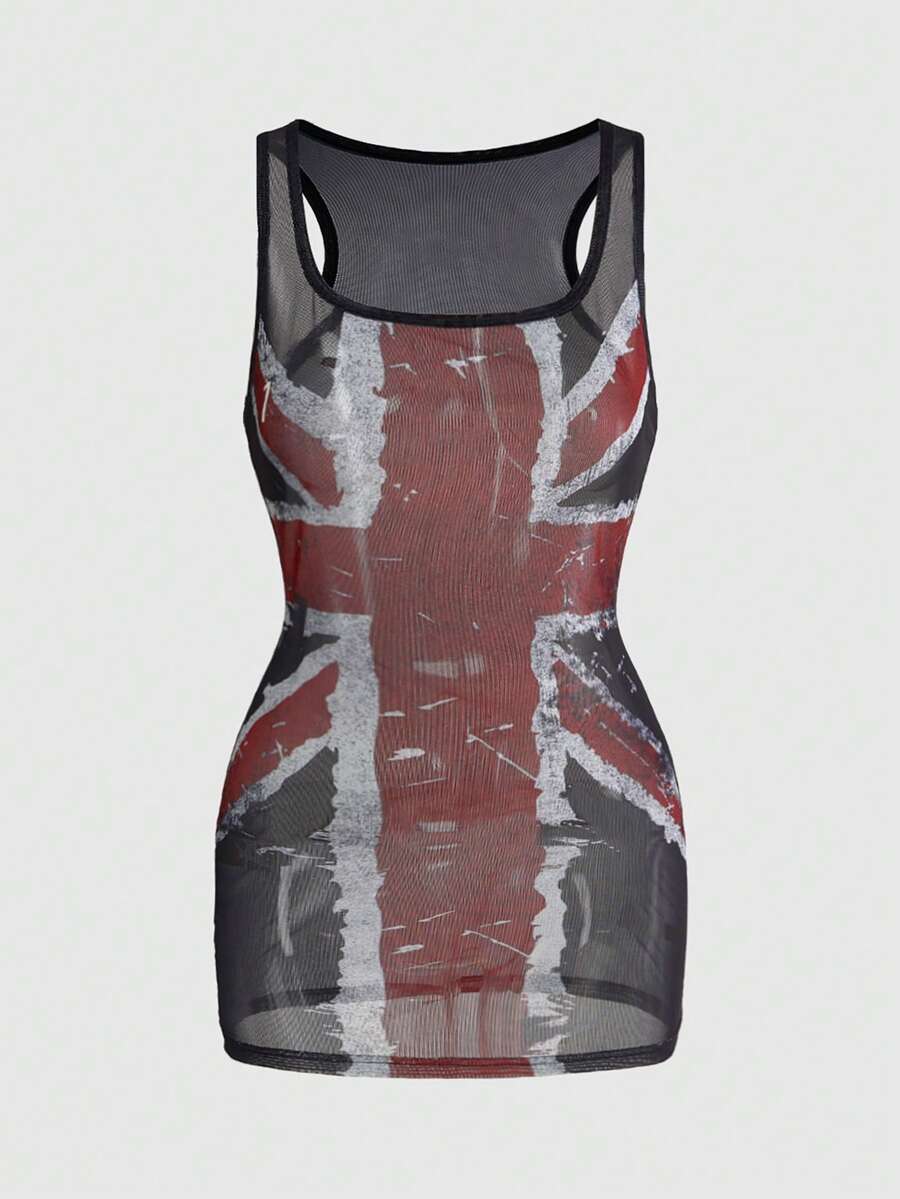 Black sheer mesh bodycon mini dress for women featuring a sleeveless scoop neck design and slim fit cut.