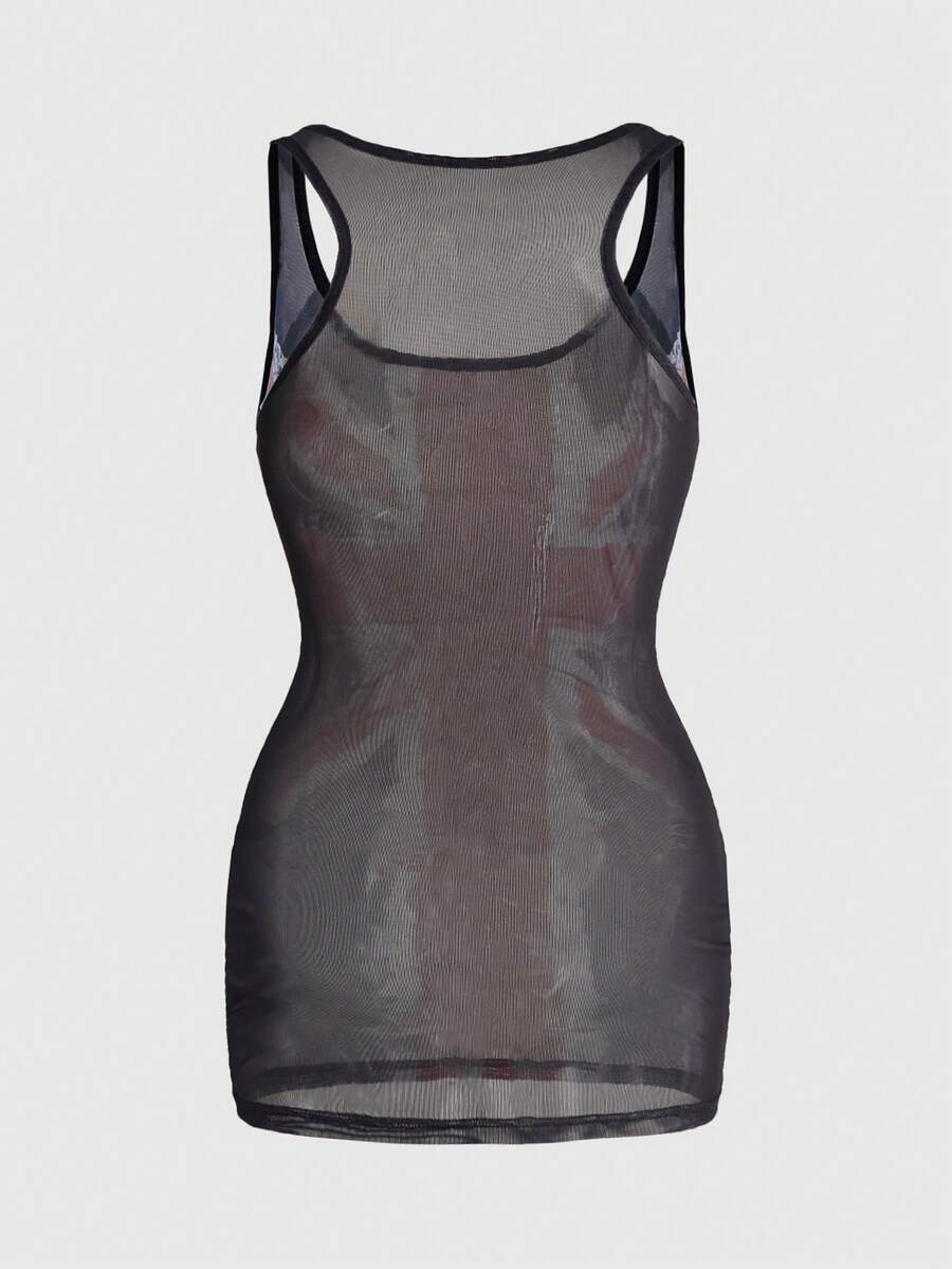 Black sheer mesh bodycon mini dress for women featuring a sleeveless scoop neck design and slim fit cut.