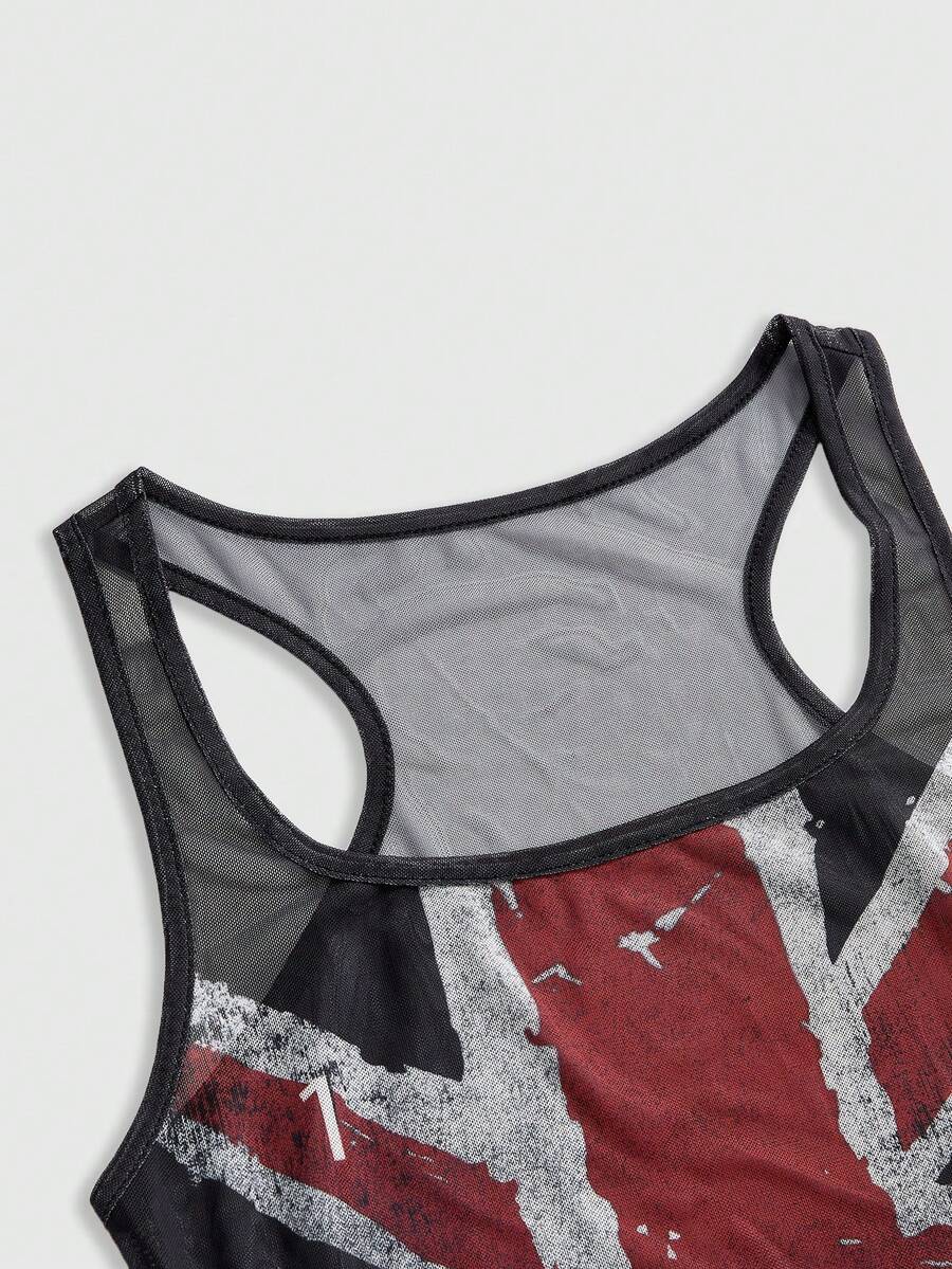 Black sheer mesh bodycon mini dress for women featuring a sleeveless scoop neck design and slim fit cut.