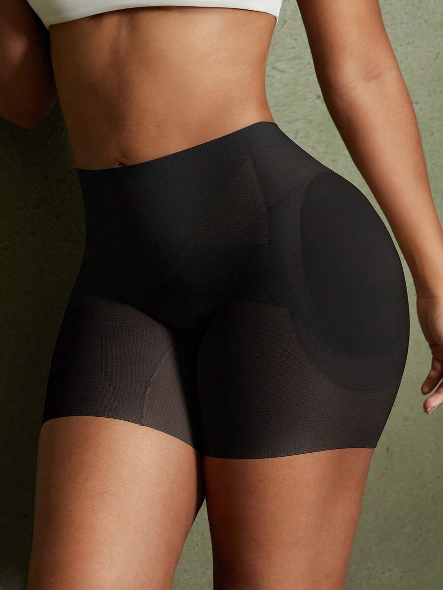 Apricot high-stretch women's butt lifting shapewear shorts with removable padded buttocks for tummy and waist control.