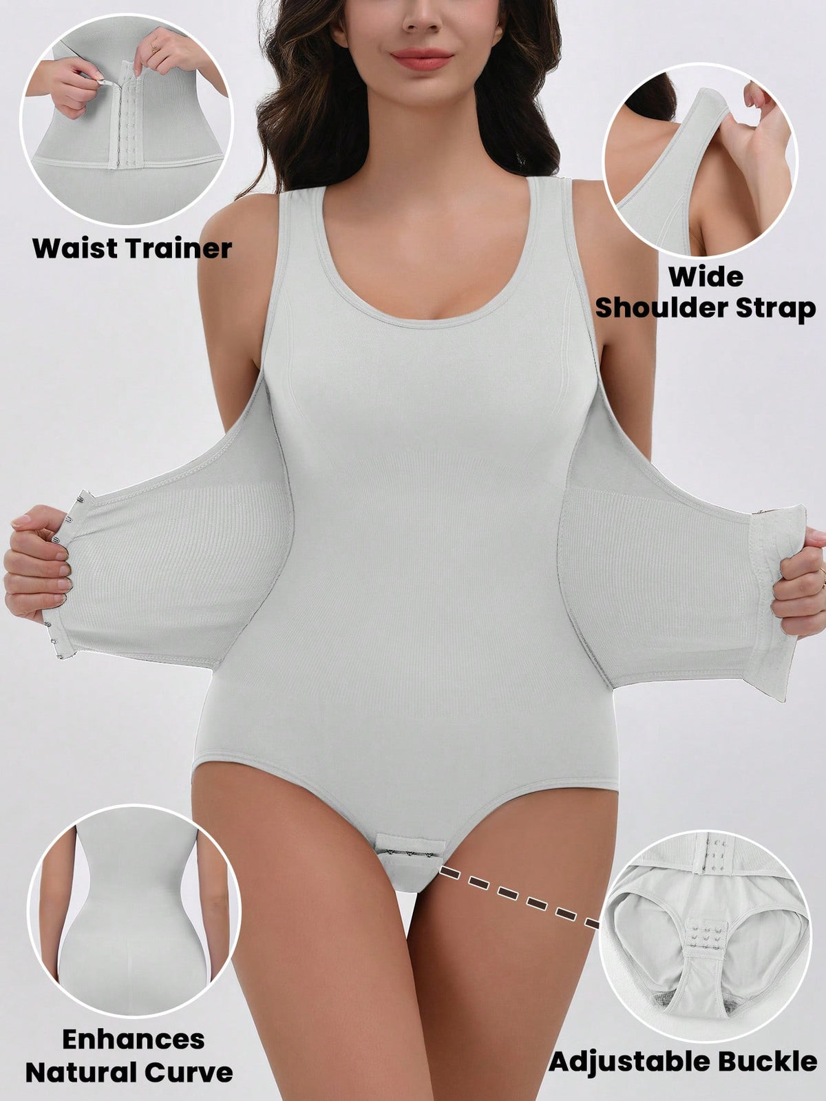 Apricot women's shapewear bodysuit featuring wide shoulder straps, tummy control, waist tightening, and adjustable three-row buckle