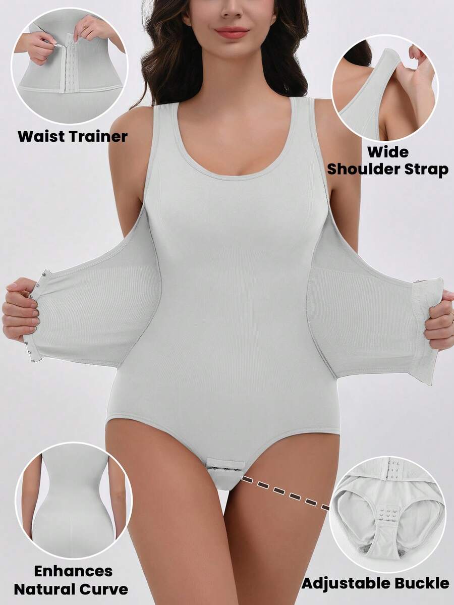 Apricot women's shapewear bodysuit featuring wide shoulder straps, tummy control, waist tightening, and adjustable three-row buckle