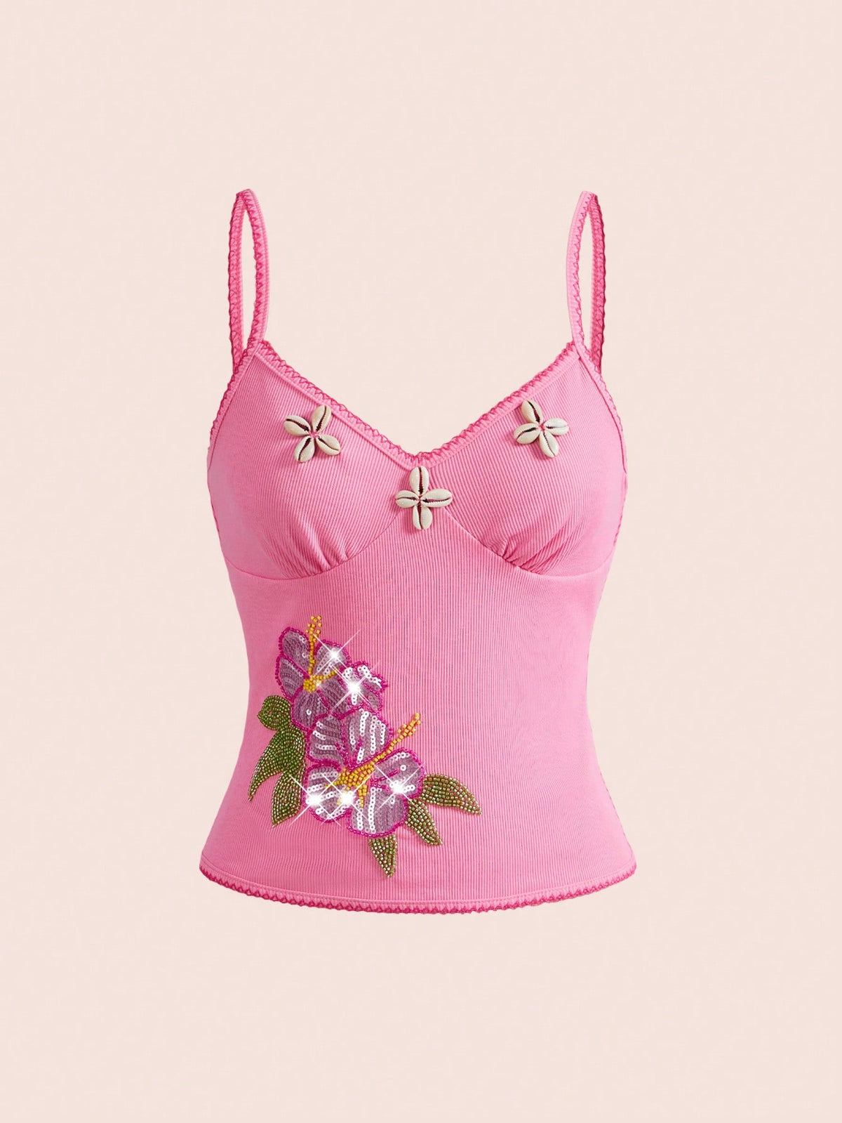 Pink women's slim fit camisole top featuring hibiscus floral embroidery, thin spaghetti straps, and high-stretch knitted fabric.