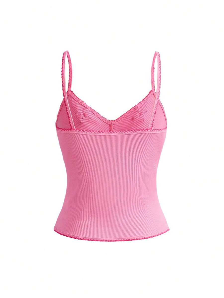 Pink women's slim fit camisole top featuring hibiscus floral embroidery, thin spaghetti straps, and high-stretch knitted fabric.