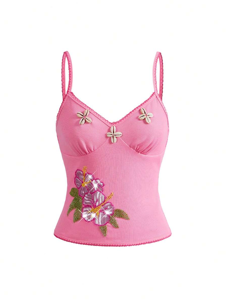 Pink women's slim fit camisole top featuring hibiscus floral embroidery, thin spaghetti straps, and high-stretch knitted fabric.