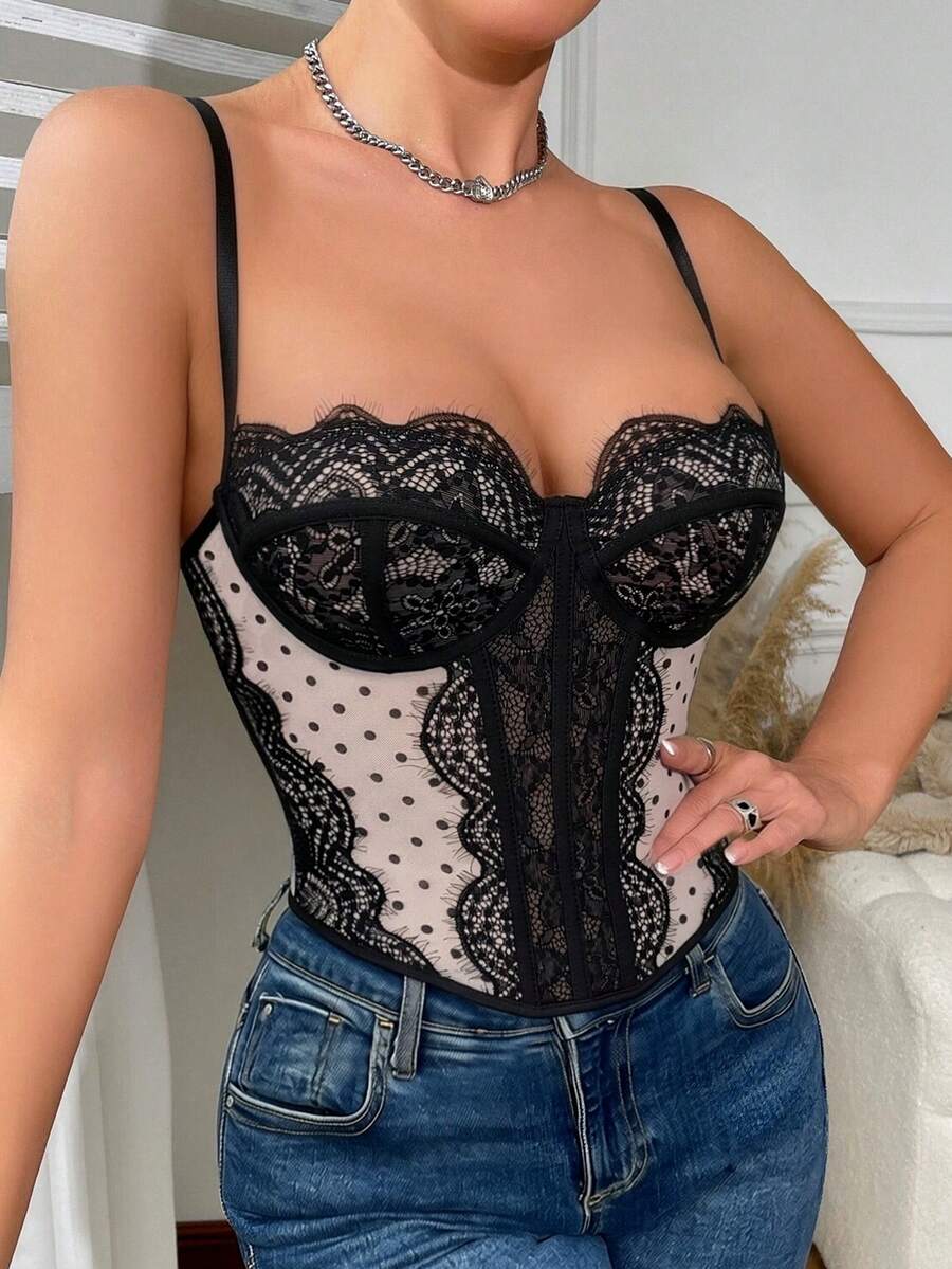 Women's brown lace trim cami corset crop top featuring a low cut neck, unlined body, and slim fit bodycon silhouette.