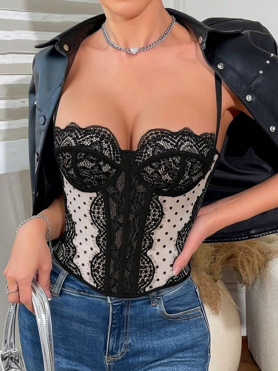 Women's brown lace trim cami corset crop top featuring a low cut neck, unlined body, and slim fit bodycon silhouette.