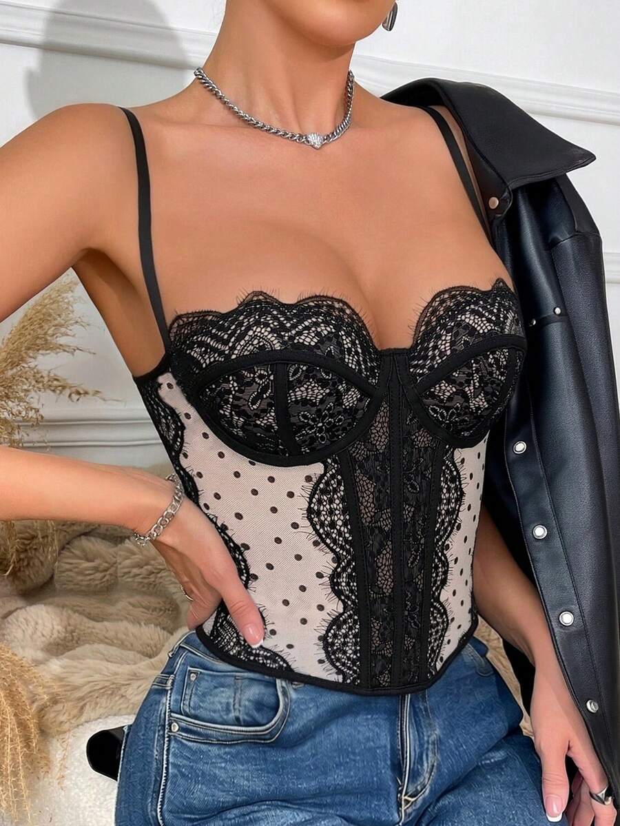 Women's brown lace trim cami corset crop top featuring a low cut neck, unlined body, and slim fit bodycon silhouette.