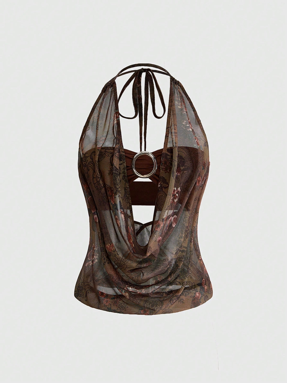 Women's cowl neck halter crop tank top featuring a draped backless design and matching bandeau inner layer.