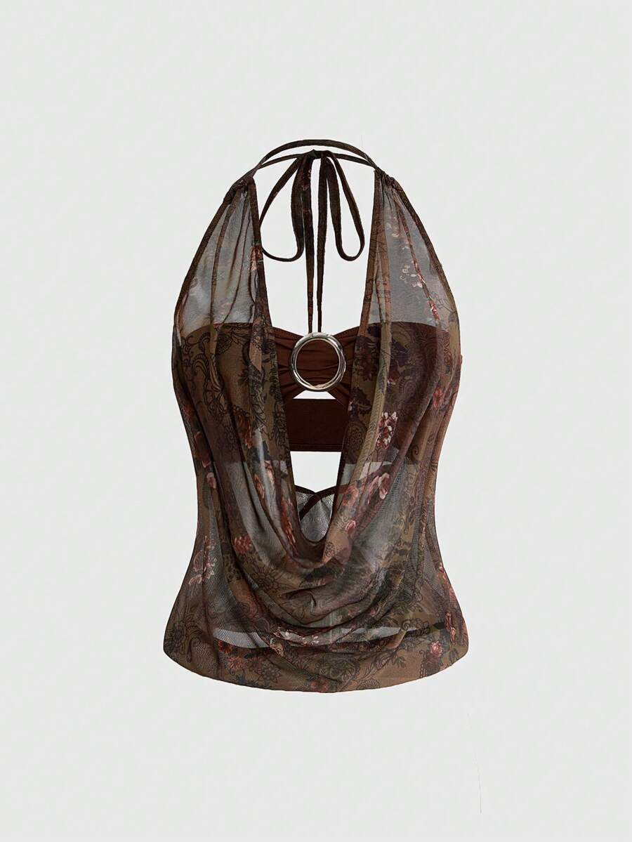 Women's cowl neck halter crop tank top featuring a draped backless design and matching bandeau inner layer.