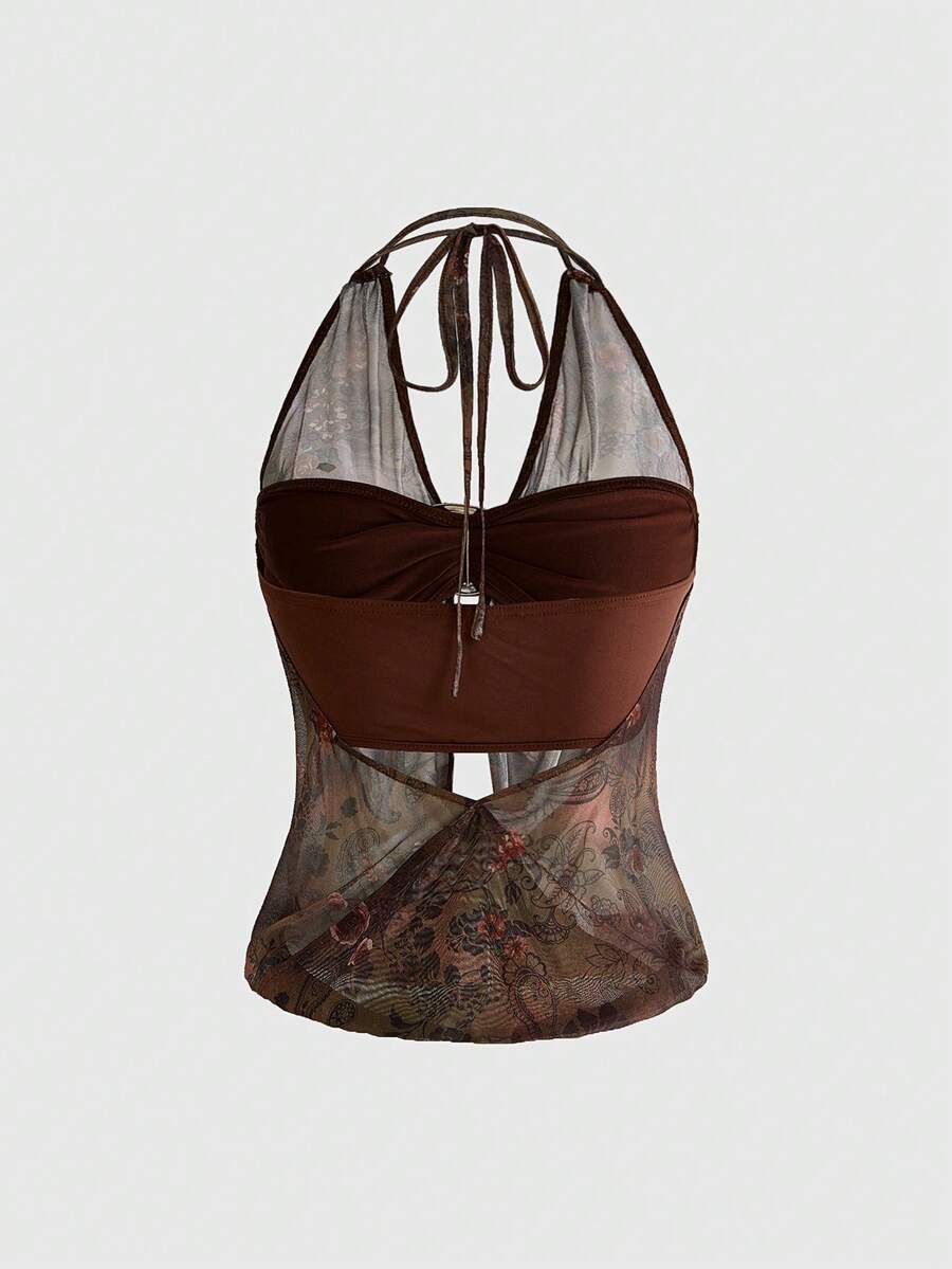Women's cowl neck halter crop tank top featuring a draped backless design and matching bandeau inner layer.