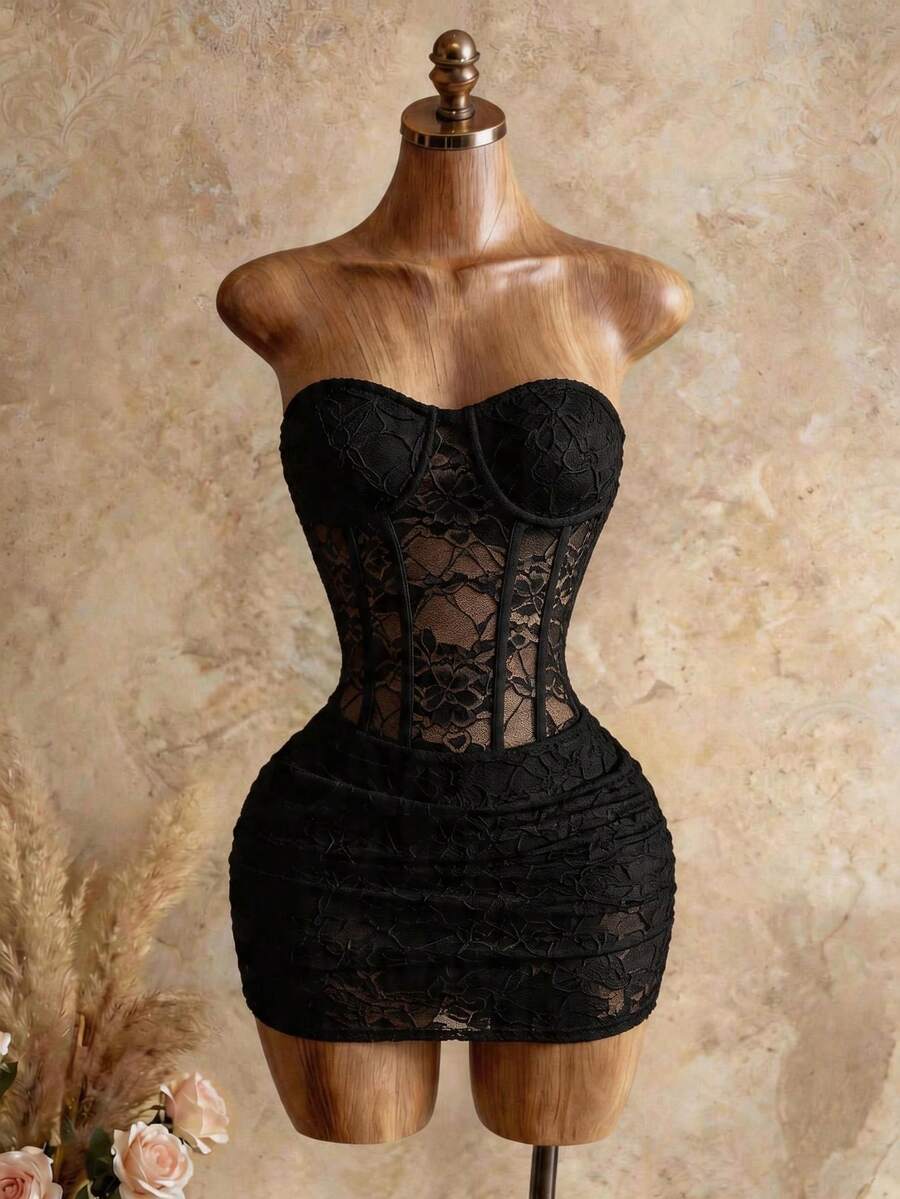 Women's black strapless lace bodycon mini dress featuring a slim fit silhouette, contrast lace detailing, and high stretch fabric.