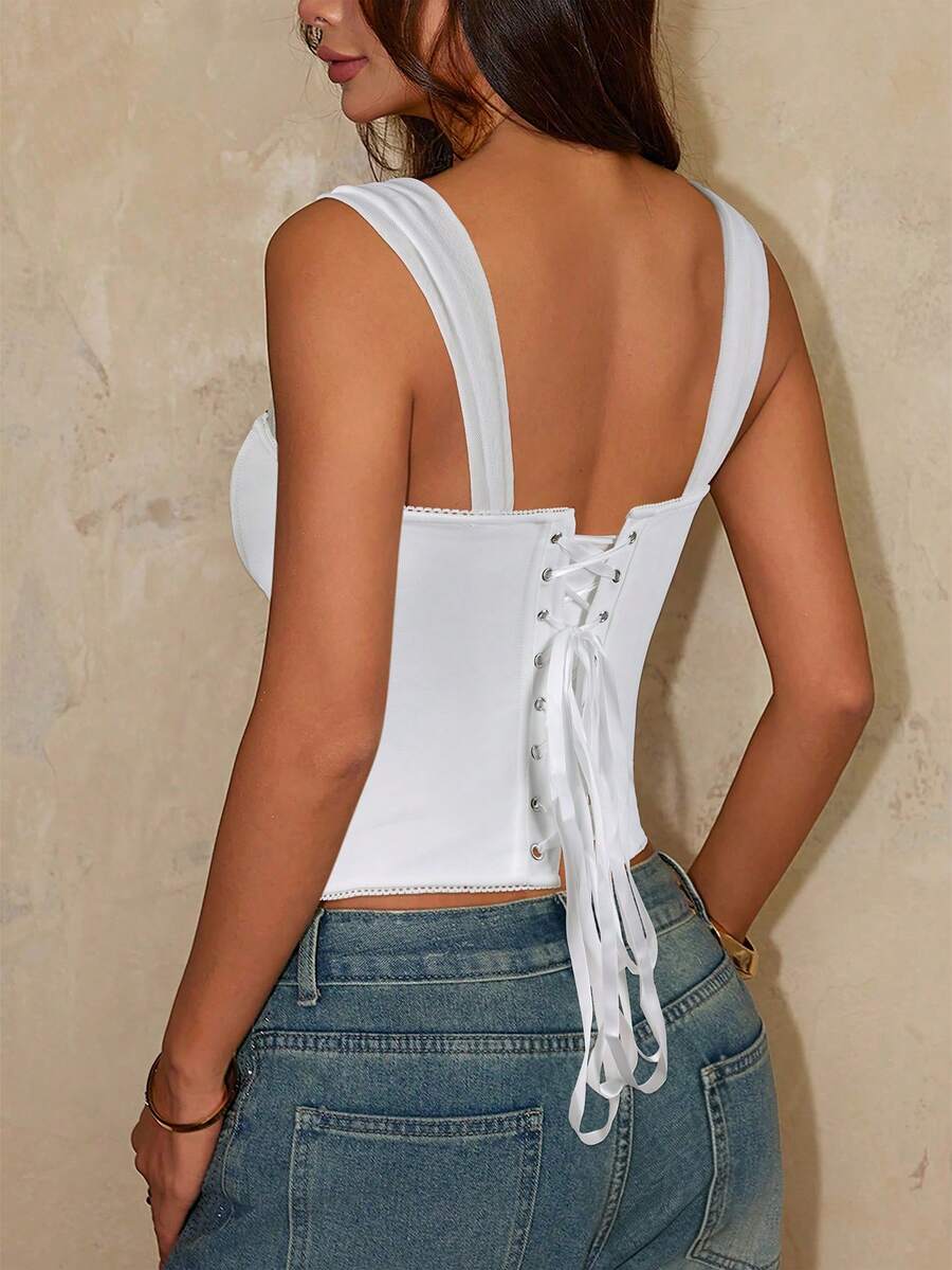 Burgundy women's lace-up backless camisole crop top featuring a square neck, sleeveless design, asymmetrical hem, and slim fit.